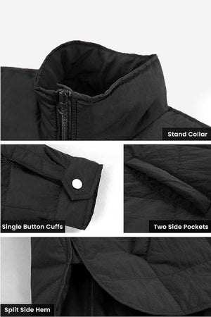 Black lightweight puffer travel jacket with stand collar, single button cuffs, two side pockets, and split side hem