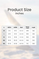 Sun-Kissed Elegance lightweight palazzos size chart in inches for US, AU, bust, sleeves, and length