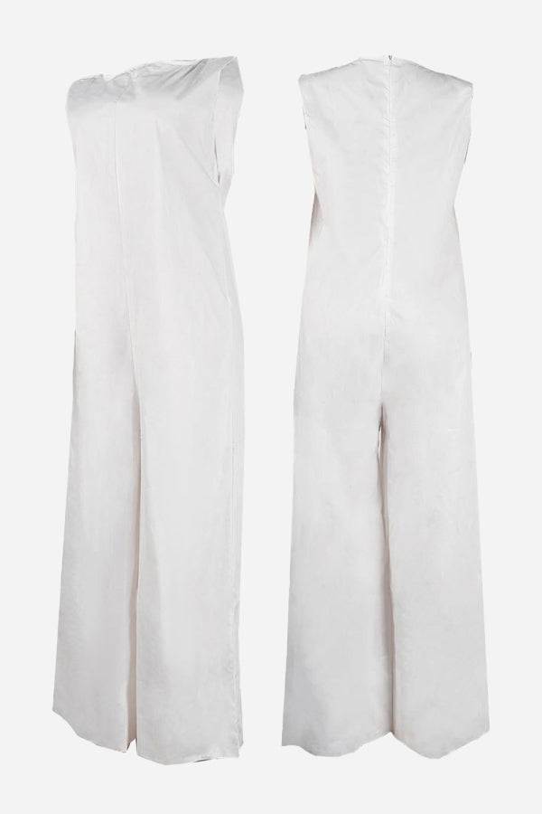 White sleeveless wide-leg jumpsuit with body-balance cut and sleek silhouette front and back view