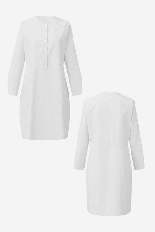 White cotton dress with half-button front, 3/4 sleeves, knee-length design, and practical pockets, shown from front and back.