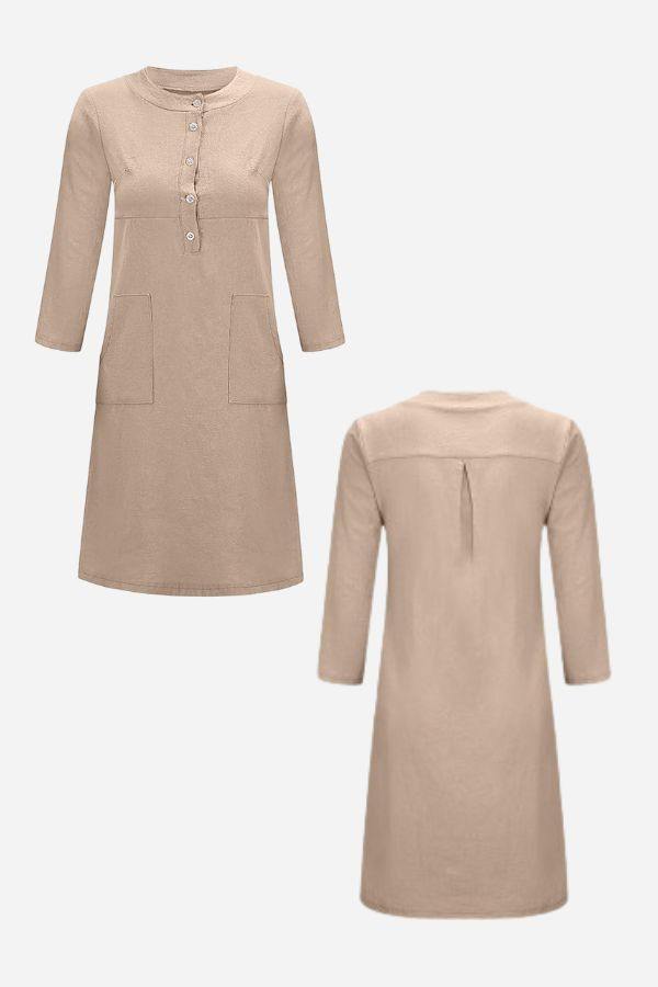 Beige cotton dress with 3/4 sleeves, buttoned front, soft collar, and front pockets, shown from front and back.