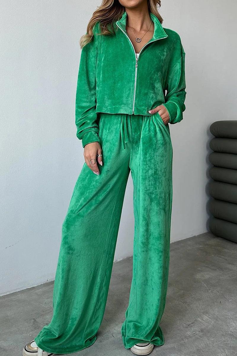 Green velour zip-up cropped jacket and wide leg pants leisure two-piece co-ord set for casual and active wear