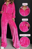 Pink velour zip-up leisure two-piece co-ord with wide leg pants and pockets