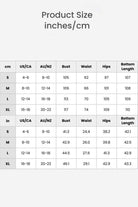 Size chart for Zip Up + Wide Leg Pants leisure two-piece co-ord in inches and centimeters showing bust, waist, hips, and bottom length for sizes S to XL