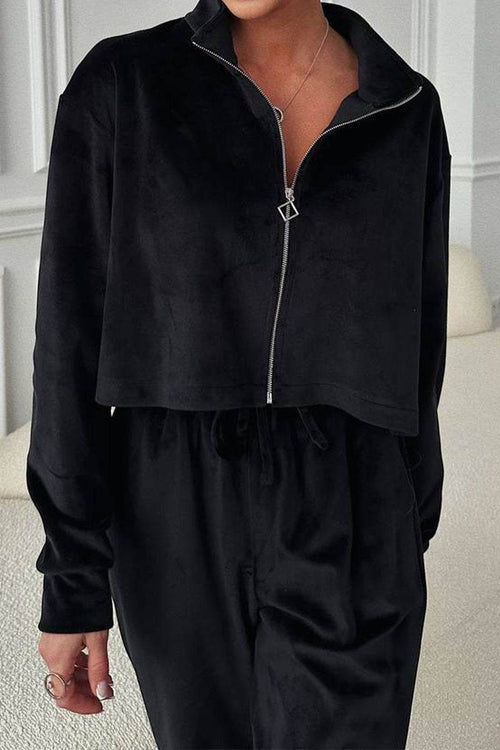 Black zip up velour cropped sweatshirt with wide leg pants leisure two-piece co-ord set