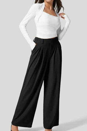 High-Waisted Plicated Wide Leg Waffle Pants