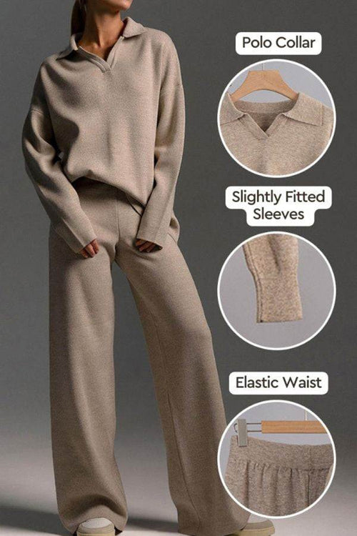 Plush & Preppy Camel Two-Piece Set with polo collar, fitted sleeves, and elastic waist in soft camel fabric for travel and leisure.