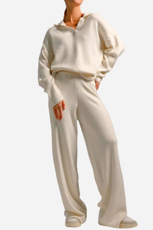 Plush and preppy camel two-piece set with polo collar and wide-leg pants in soft beige fabric