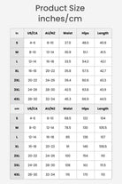 size chart for stretchy wide-leg pants showing waist, hips, and length measurements in inches and cm for sizes S to 4XL