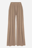 Brown stretchy wide-leg pants with elastic waistband and relaxed fit for all-day comfort