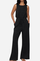 Black sleeveless wide leg pants jumpsuit with drawstring waist and pockets