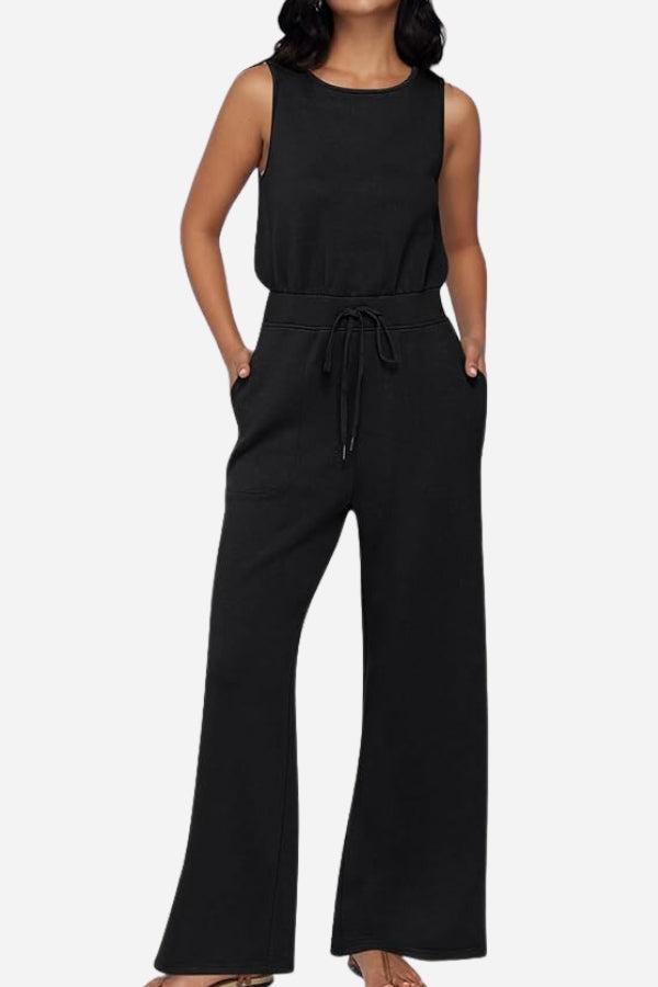 Black sleeveless wide leg pants jumpsuit with drawstring waist and pockets