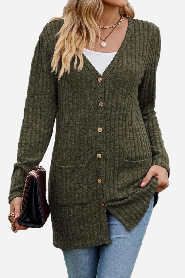 Long lightweight ultra soft knit-like cardigan with buttons and pockets in olive green