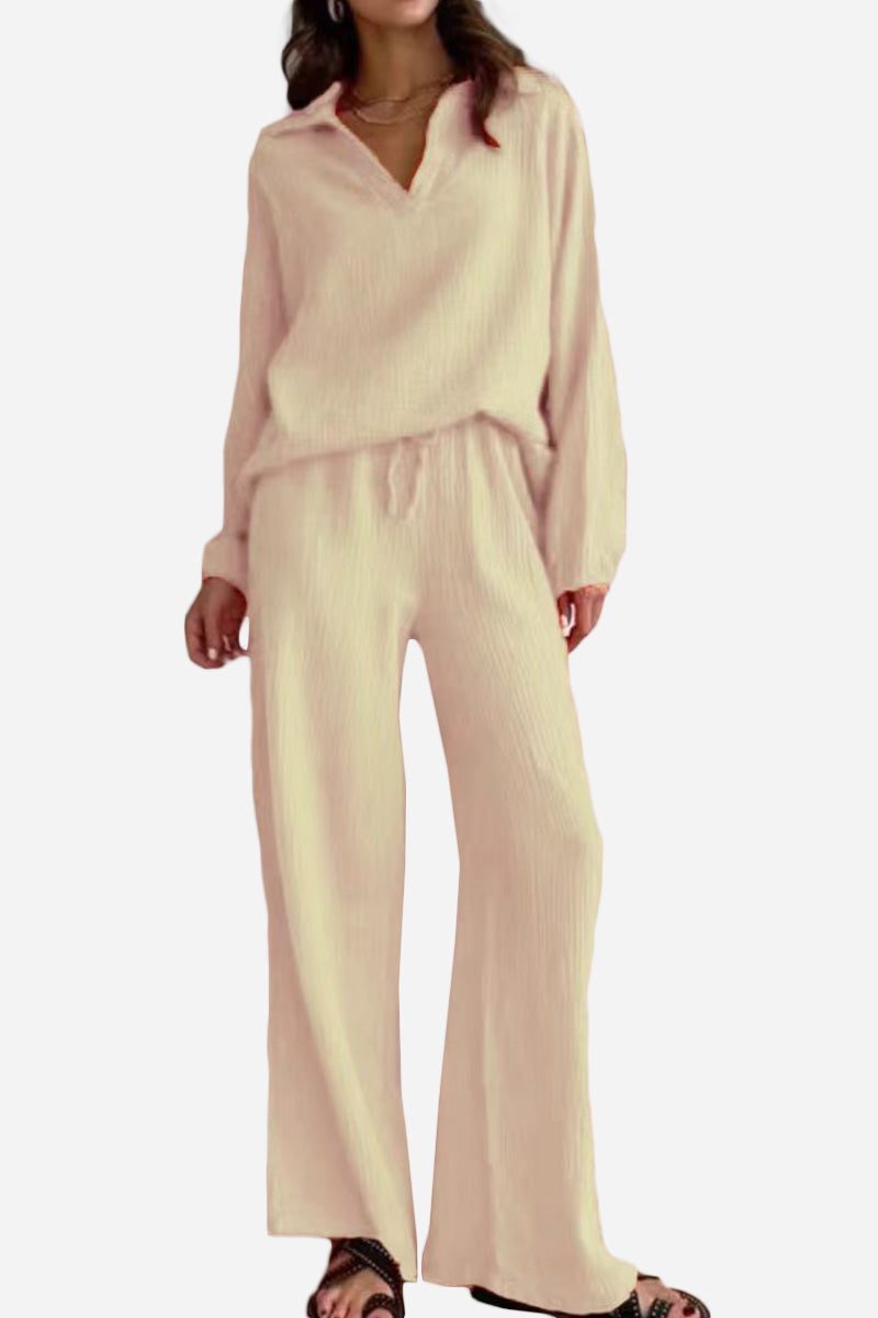 Women's beige cotton collared two-piece set with bishop sleeves and loose fit pants