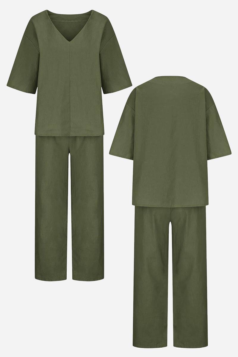 Olive green V-neck cotton two-piece trouser set with mid-length sleeves and straight-leg pants.