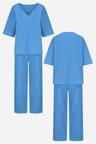 Blue V-neck cotton two-piece trouser set with relaxed top and straight-leg pants, front and back views