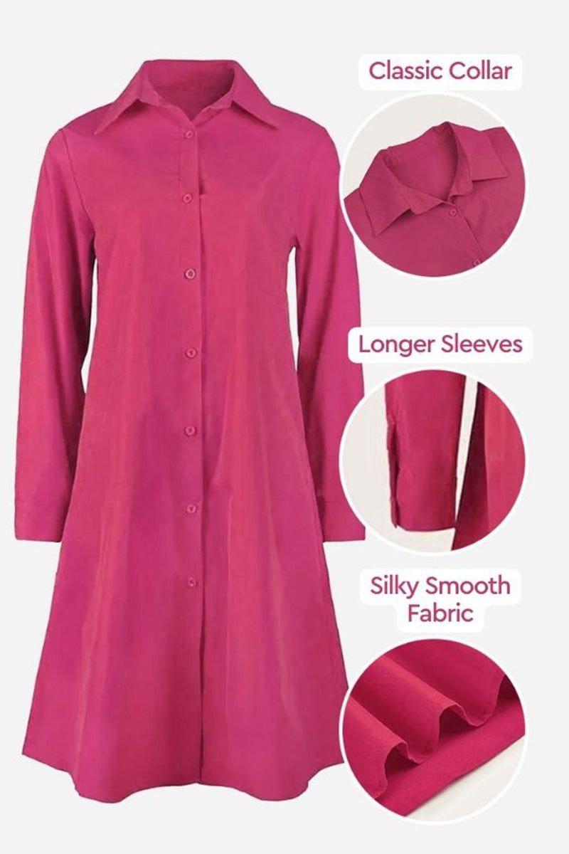 Pink long shirt-style dress with classic collar, longer sleeves, and silky smooth fabric