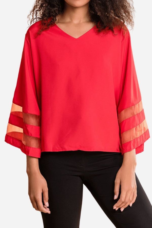 Red mesh panel sleeve loose fit top with V neckline and flared 3/4 bell sleeves