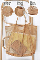Breezy Mesh Tote Bag with anti-drop netting, internal pocket, and strong bottom in beige polyester material
