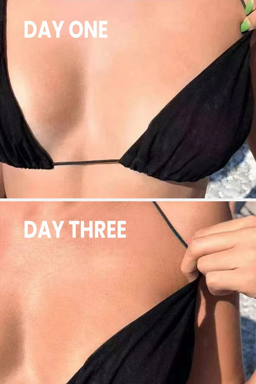 Tan-through open back one-piece swimsuit showcasing even tanning results from day one to day three