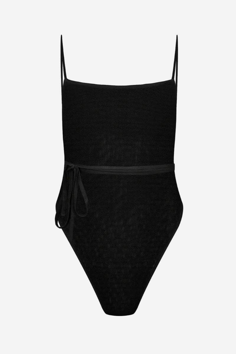 Black Tan-Through open back one-piece swimsuit with low square neckline and adjustable side tie belt