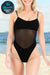 Black mesh tan-through one piece swimsuit with lace-up back and breathable UV-smart fabric for even tanning and quick drying.