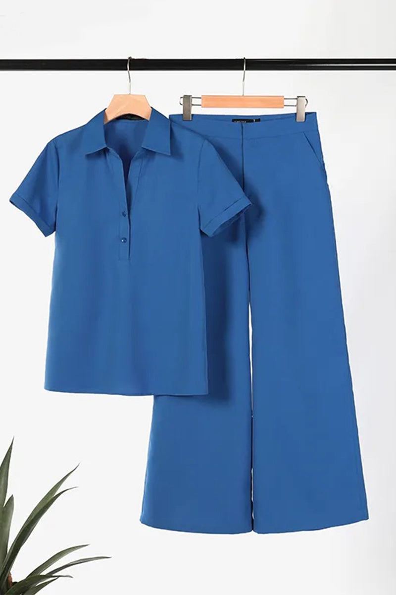 Blue linen-look set with short-sleeve collared top and wide-leg pants breathable fabric for comfort and style