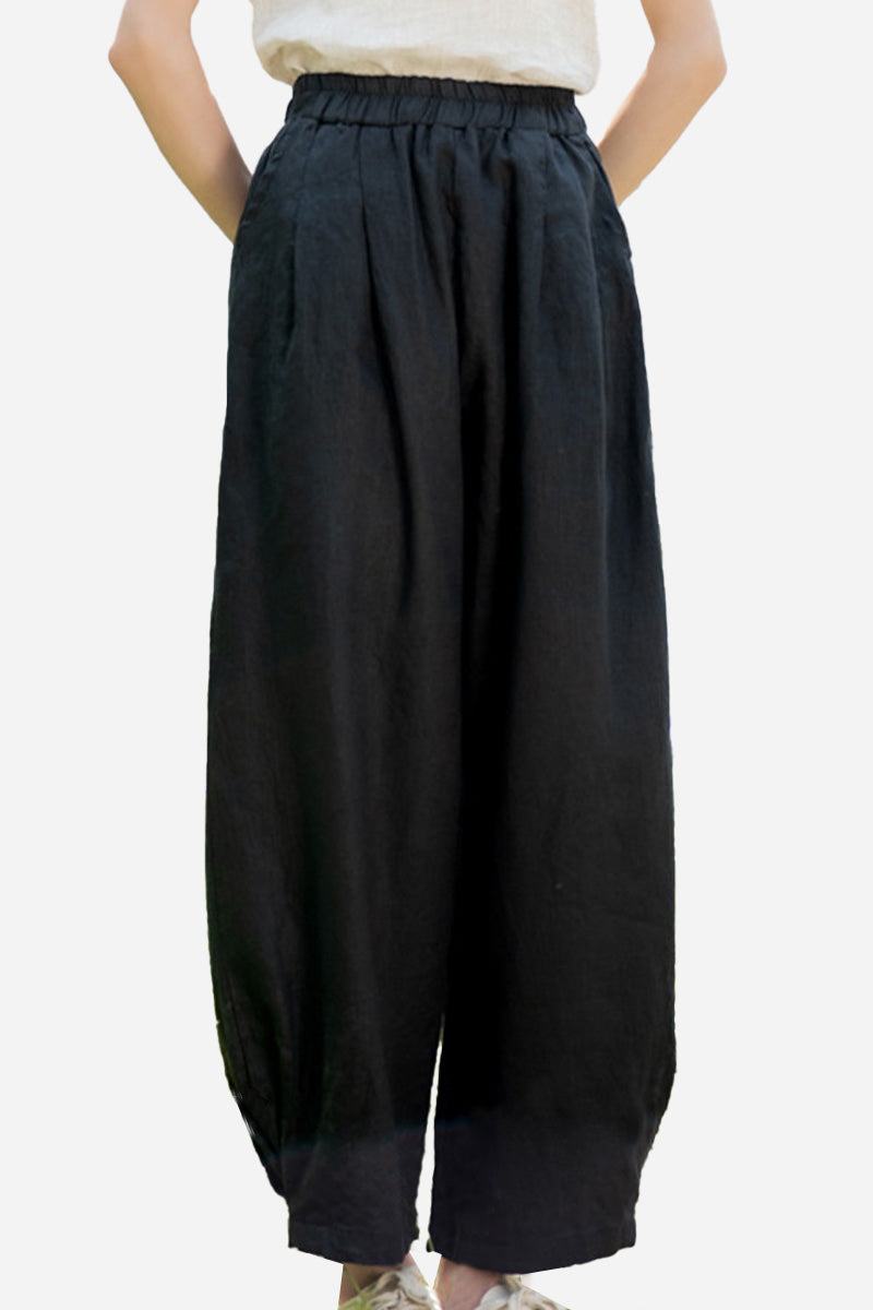 Black Ramie Linen Cotton Pants with relaxed fit and elastic waistband for women
