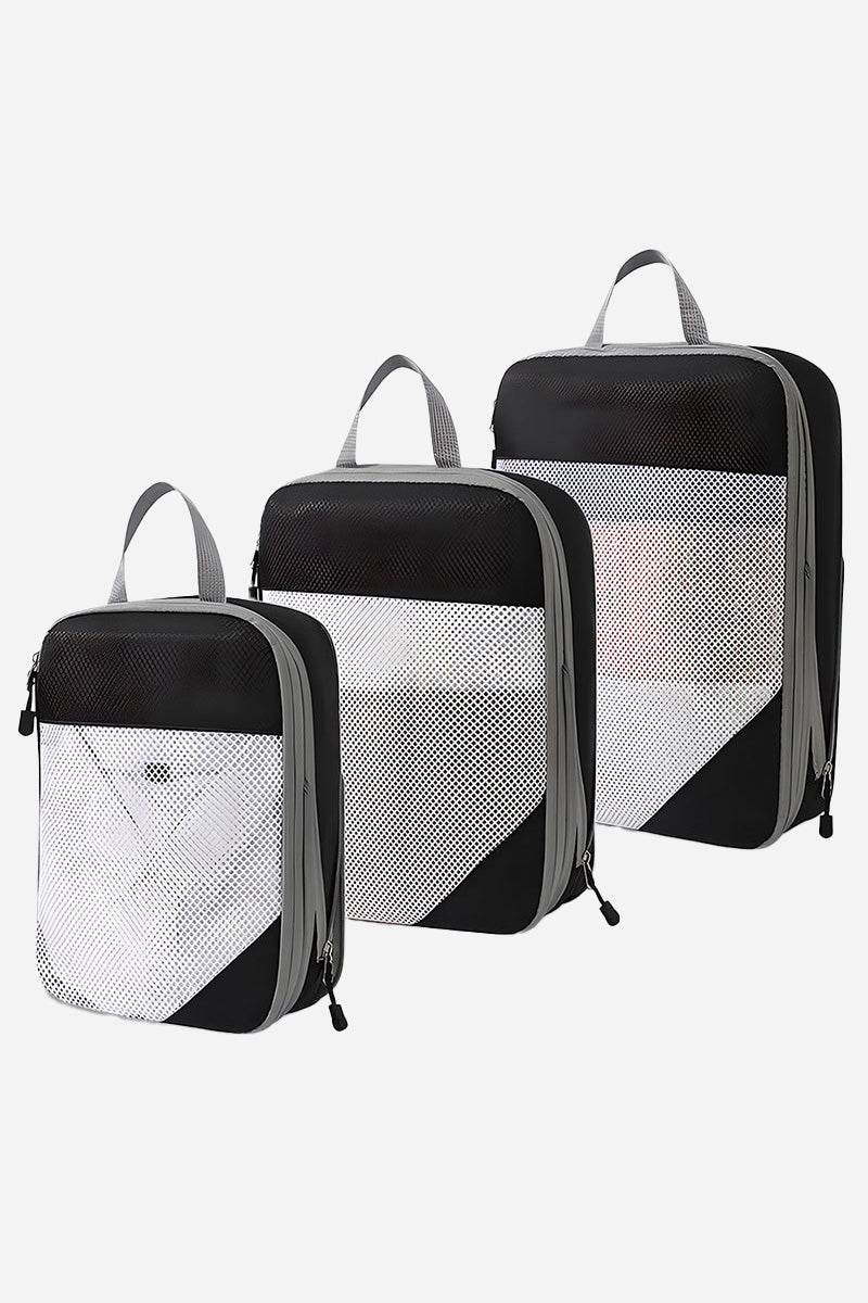 Space-saving compression packing organizers 3-piece set black and white mesh travel bags