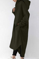 Oversized everyday buttoned hooded coat in lightweight breathable fabric with roomy pockets and relaxed fit.
