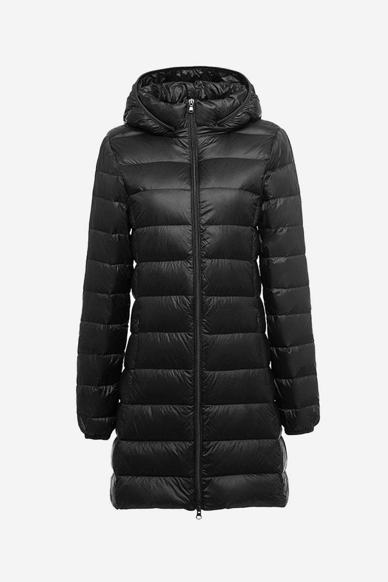 Women’s lightweight black water-resistant hooded puffer coat with sleek design and front zipper