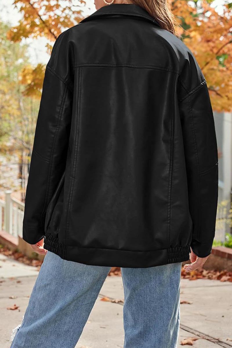 Oversized faux leather motorcycle jacket in black with relaxed fit and casual style