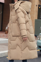 FrostLine Long Coat beige insulated lightweight winter coat with hood and large pockets for cold weather travel and city wear