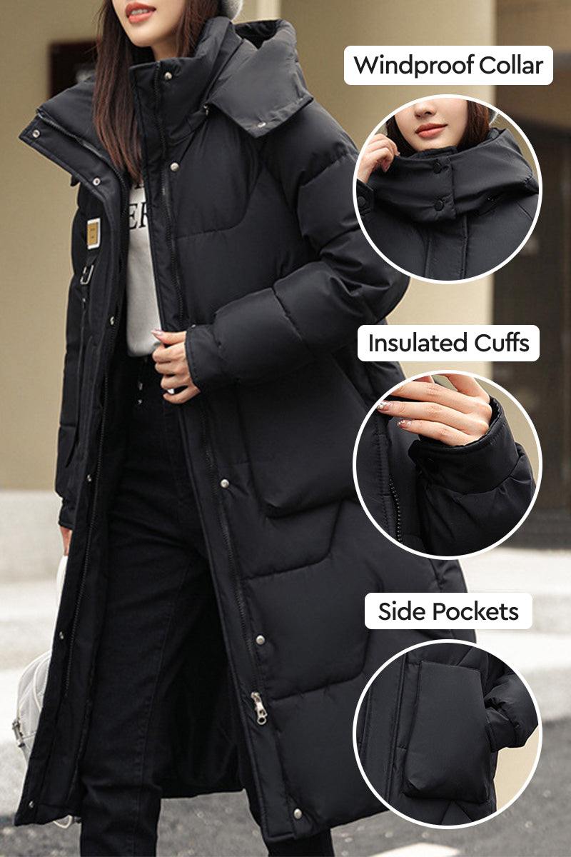 FrostLine Long Coat black lightweight insulated winter coat with windproof collar, insulated cuffs, and side pockets for cold weather travel