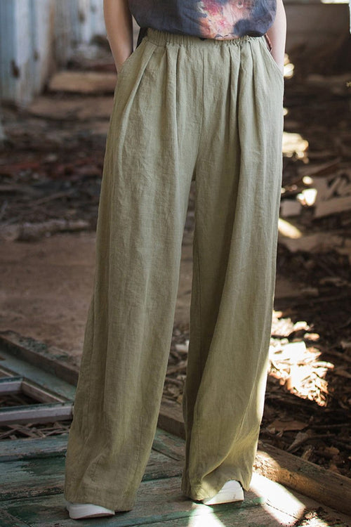 Light green sandwashed ramie linen pants with relaxed fit and plush lining for warmth