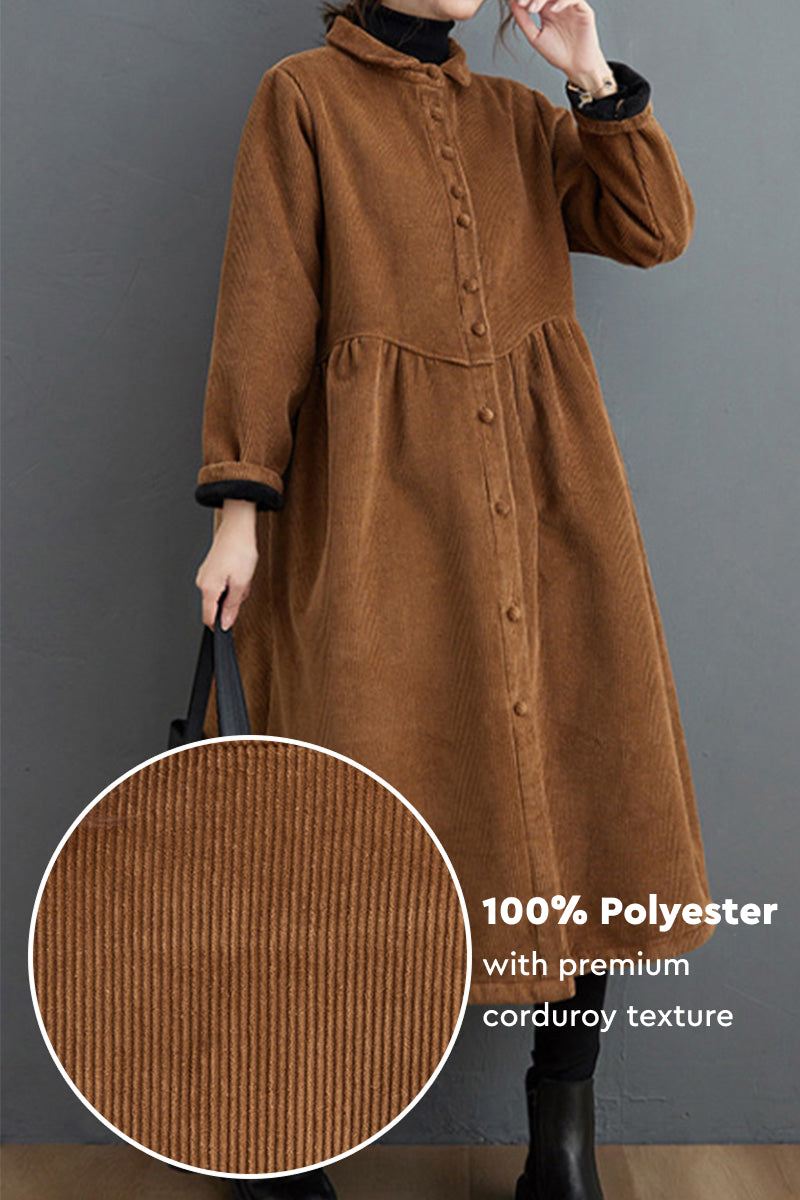 Oversized vintage corduroy coat in warm brown with premium polyester fabric and textured corduroy finish.