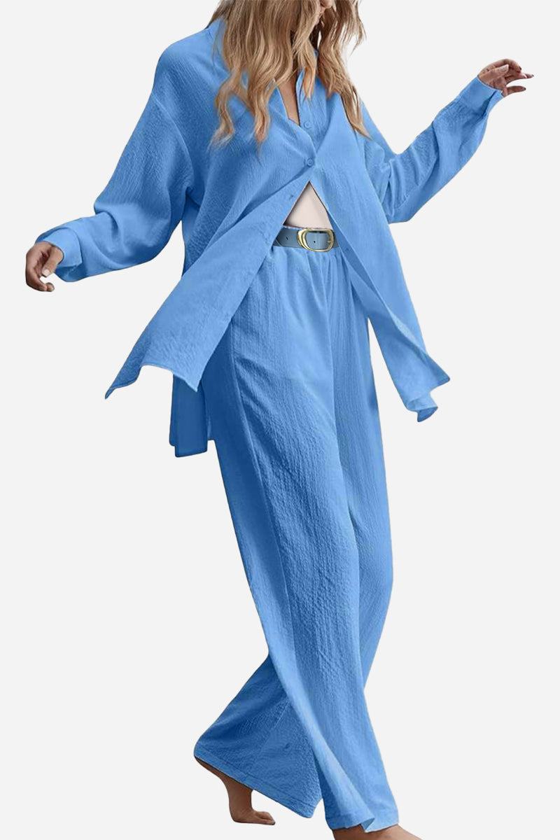 Lightweight blue linen blend two-piece set with long sleeves and wide-leg pants for travel and casual wear