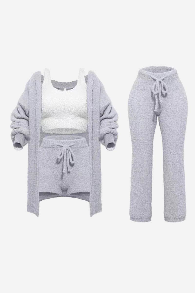Cloud Soft 4-Piece collection of plush cozy cardigan, tank top, shorts, and pants set in soft lavender color for lounging and travel