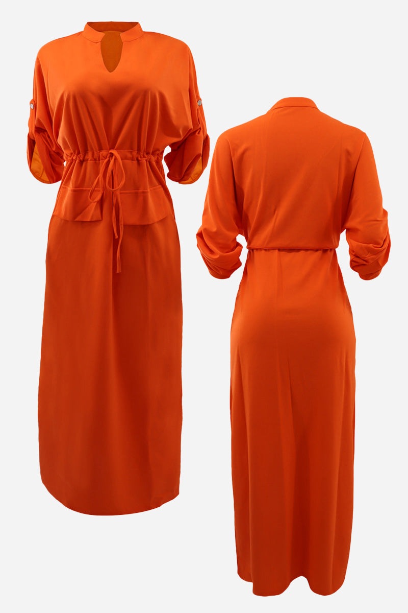 Orange All-Day Drape Dress with adjustable waist tie and rolled-up sleeves shown from front and back.