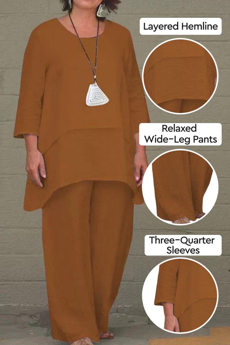 Loose Drape Two-Piece Set with layered hemline top and relaxed wide-leg pants in brown, featuring three-quarter sleeves and loose, breathable polyester-spandex fabric.