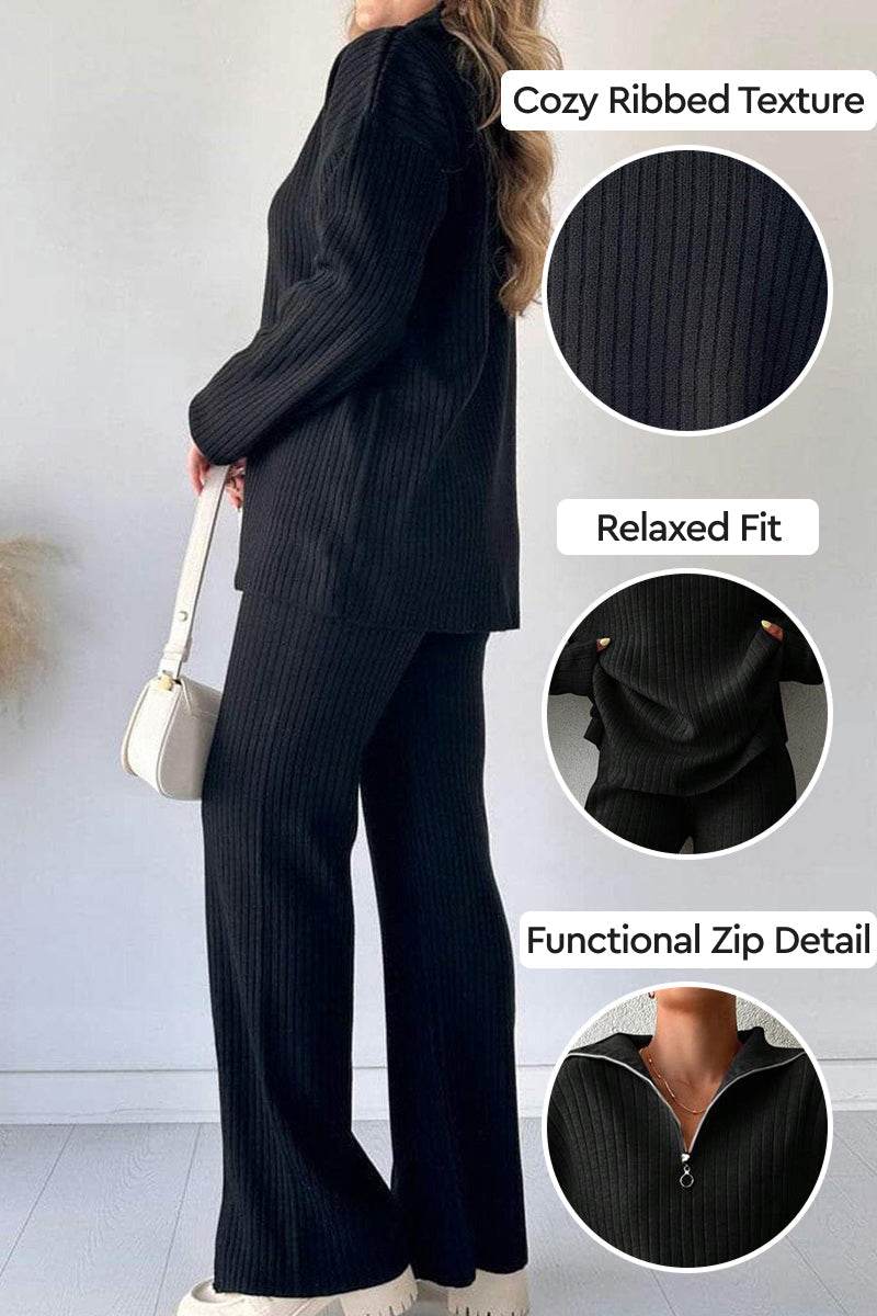 Plus-size Curve-Loving Knit Work from Home Comfort Set in black with cozy ribbed texture, relaxed fit, and functional zip detail.