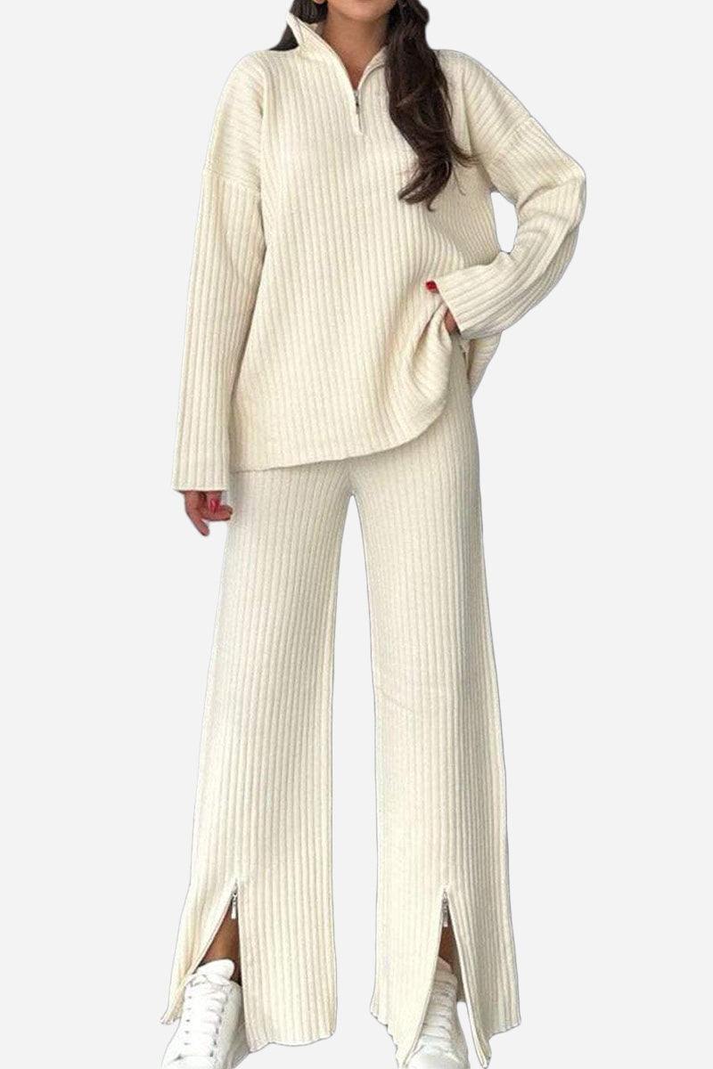 Plus-size curve-loving knit work from home comfort set in soft cream ribbed fabric with a zipper top and wide-leg pants with front slits
