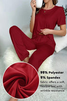 My Go To Loungewear two-piece set in red, soft polyester-spandex blend for flexible, wrinkle-resistant comfort.