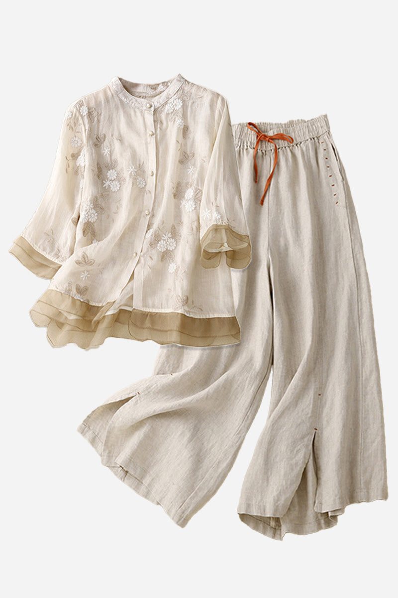 Cotton Linen Tuscany breathable two-piece set with embroidered sheer top and wide-leg linen blend trousers