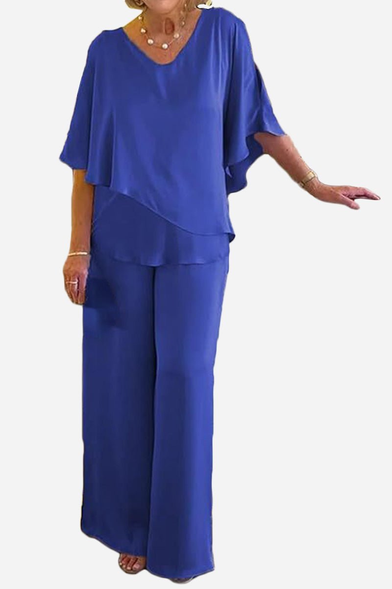 Elegant Layers Two-Piece Set in blue with layered V-neck top and wide-leg pants for a flattering, comfortable fit.