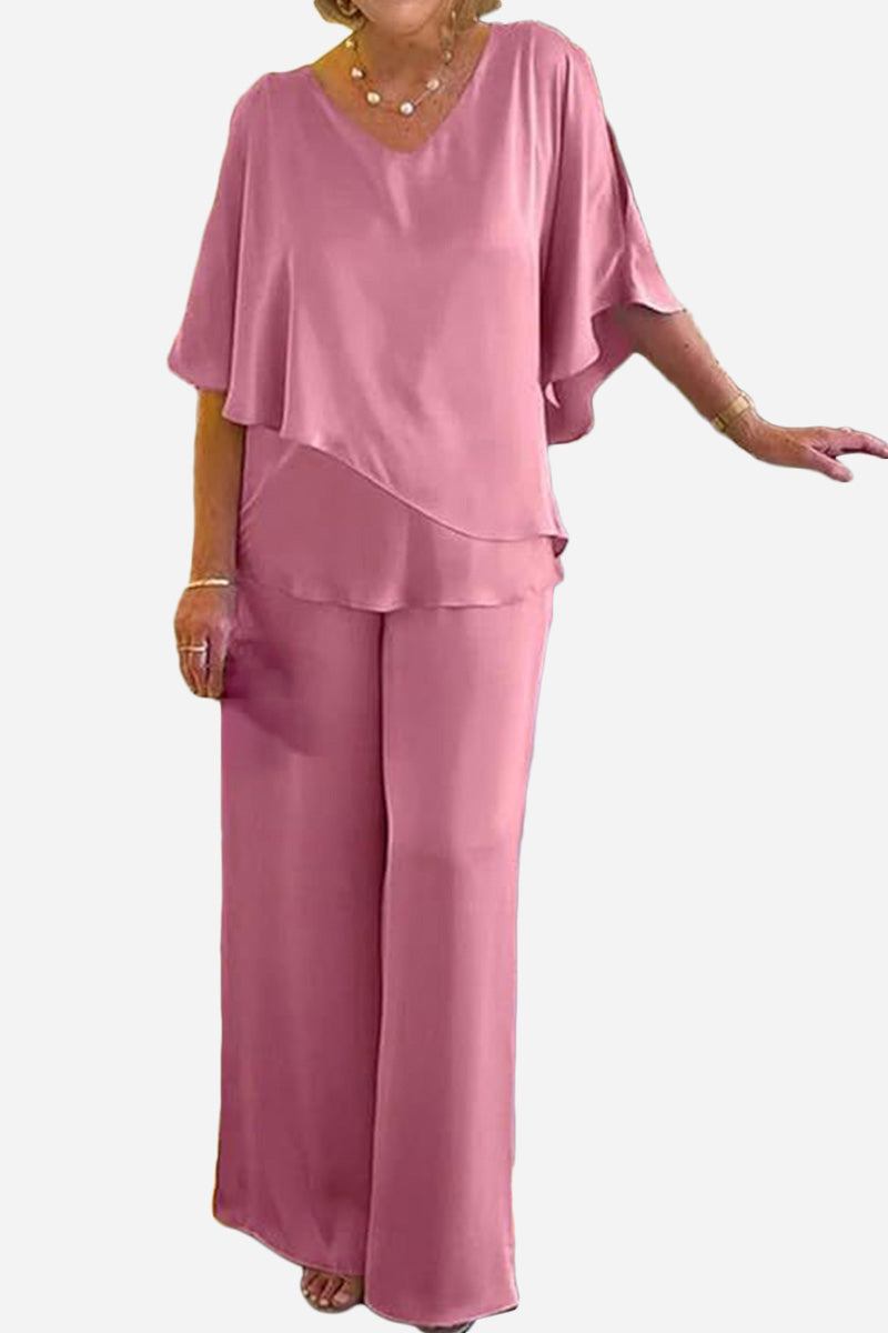 Elegant Layers Two-Piece Set women's pink layered V-neck top and wide-leg pants in lightweight fabric