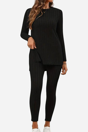 Woman wearing black Butter Touch Ribbed Two-Piece Set with long sleeve top and fitted leggings
