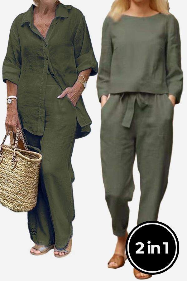 Two women modeling Casual Chic Duo mix and match breathable cotton and linen two-piece sets in olive green
