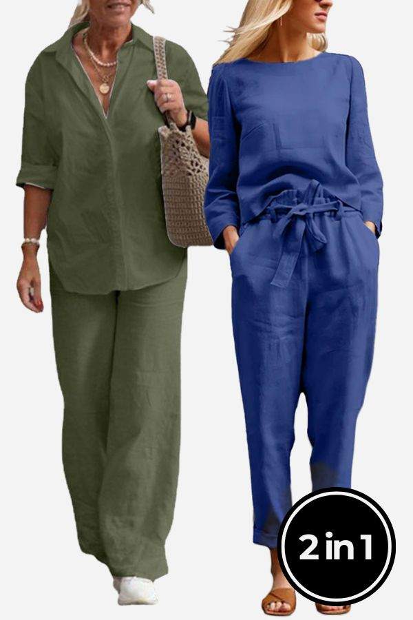 Two-piece Casual Chic Duo breathable cotton and linen sets for women, mix and match outfits in olive green and navy blue