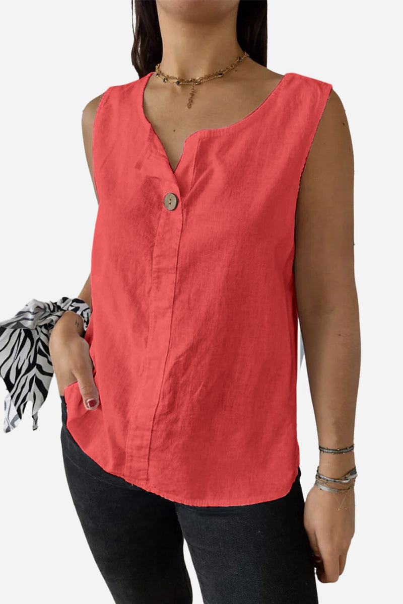 100 pure linen sleeveless coral vest with V-neck and button detail for cool comfort